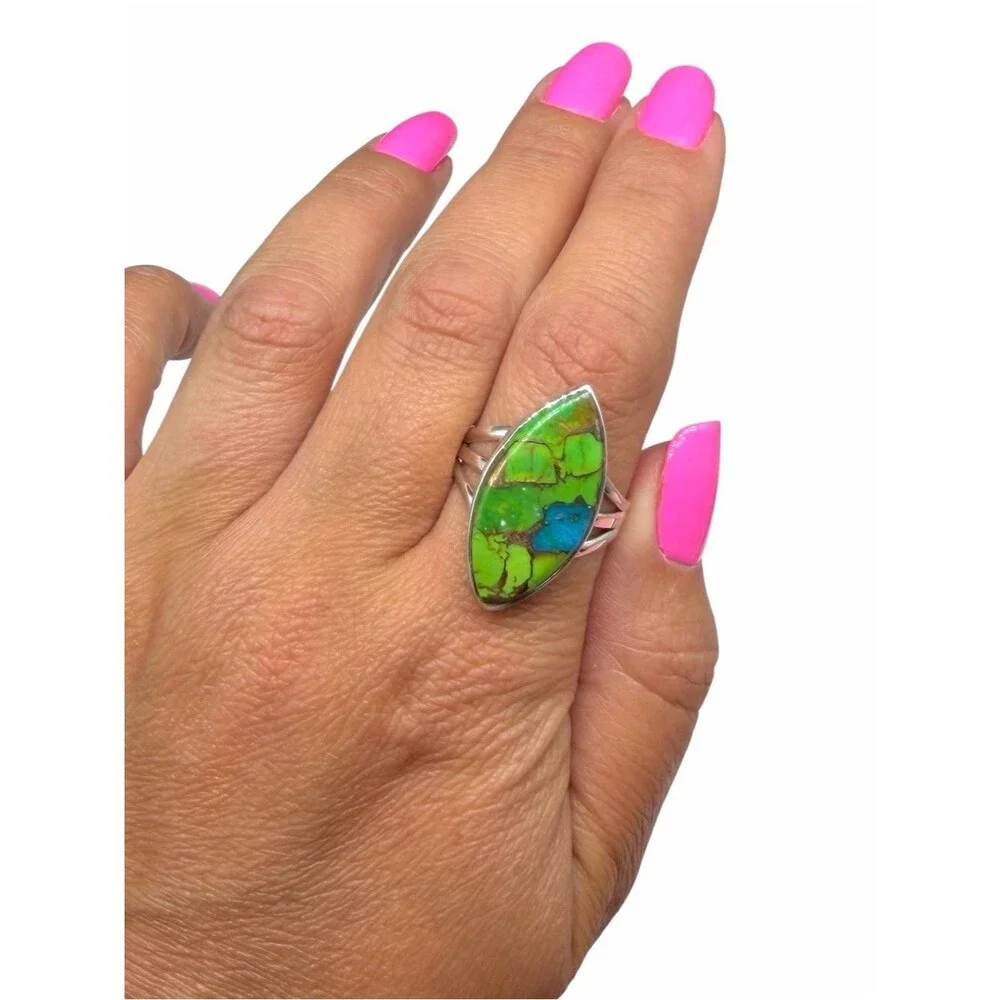 Green & Blue Mohave Turquoise Ring Size 10.5 Solid 925 Sterling Silver